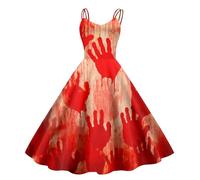 Generisch Modisches, langes Retro-Halloween-Kleid für Damen mit lustigem Aufdruck und Trägern (4) (Beige, XL)