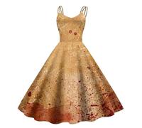 Generisch Modisches, langes Retro-Halloween-Kleid für Damen mit lustigem Aufdruck und Trägern (4) (Gold, S)