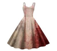 Generisch Modisches, langes Retro-Halloween-Kleid für Damen mit lustigem Aufdruck und Trägern (4) (Khaki, XXL)