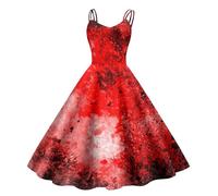 Generisch Modisches, langes Retro-Halloween-Kleid für Damen mit lustigem Aufdruck und Trägern (4) (Red, S)