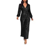 Generisch Mono casual de manga larga para mujer, con cinturón y lentejuelas brillantes para ocasiones festivas, elegante ropa de noche, Negro , M