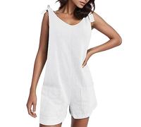 Generisch Mono de algodón de alta calidad para mujer, para actividades de ocio veraniego, con prácticos bolsillos laterales, tirantes ajustables, Blanco, S