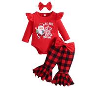 Generisch Mono de bebé navideño con manga larga mameluco triángulo bolsillo estampado de lazo pantalones largos diademas traje festivo, rojo, 6-9 meses