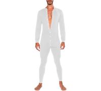 Generisch Mono de dormir para hombre, de una pieza, con botón, manga larga, medias para el hogar, ropa de dormir, sexy, mono para casa, mono de un solo color, ajustado, traje de deporte, bodi, Blanco