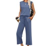 Generisch Mono De Las Mujeres De Manga Corta De Corte Ancho Elegante Mono Con Cuello Redondo Para El Verano Ocio Y Ocasiones Especiales, azul, L
