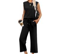 Generisch Mono De Las Mujeres De Manga Corta De Corte Ancho Elegante Mono Con Cuello Redondo Para El Verano Ocio Y Ocasiones Especiales, Negro , XL