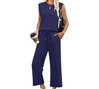 Generisch Mono De Las Mujeres De Manga Corta De Corte Ancho Elegante Mono Con Cuello Redondo Para El Verano Ocio Y Ocasiones Especiales, Azul marino, XXL
