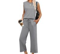 Generisch Mono De Las Mujeres De Manga Corta De Corte Ancho Elegante Mono Con Cuello Redondo Para El Verano Ocio Y Ocasiones Especiales, gris, L