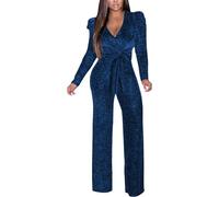 Generisch Mono de lentejuelas para mujer, sexy, manga larga, escote en V, brillante, mono elegante, pantalones sueltos, ropa de fiesta y club, mono de una pieza largo de noche, jumpsuit, romper, traje