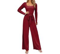 Generisch Mono de manga larga para mujer, cuello cuadrado, pierna ancha, pantalones largos, pelele elegante, traje de pantalón, traje de entrenamiento, ropa de calle, ropa de salón, rojo, XL