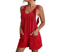 Generisch Mono de mujer con correa para el hombro, pantalones cortos, cuello redondo, mono con bolsillo, rojo, XL