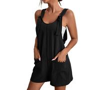 Generisch Mono de mujer con correa para el hombro, pantalones cortos, cuello redondo, práctico bolsillo para looks casuales de verano, Negro , S