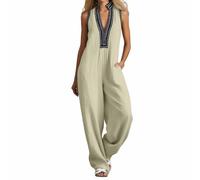 Generisch Mono de mujer con cuello bordado y harén - Mono sin mangas de estilo bohemio con entrepierna profunda | Mono aireado para verano y vacaciones, Style_d01 Beige, L