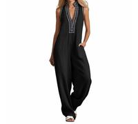 Generisch Mono de mujer con cuello bordado y harén - Mono sin mangas de estilo bohemio con entrepierna profunda | Mono aireado para verano y vacaciones, Style_d02 Negro, XL