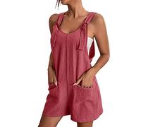 Generisch Mono de mujer con hombros atados con cuello en U, bolsillo ventilado, elegante, para verano, versátil, portátil, Rojo sandía, XL