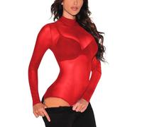 Generisch Mono de mujer de malla de manga larga con cuello alto que presenta lencería divertida, rojo, S