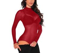 Generisch Mono de mujer de malla de manga larga con cuello alto que presenta lencería divertida, Vino, M