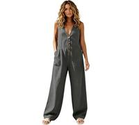 Generisch Mono De Mujer De Pierna Ancha, Sin Mangas Con Cuello En V Holgado, Mono Casual De Lino Cómodo Ajuste Para El Verano, Moda Casual, Ventilado Y Ajustado En La Parte Superior, gris, S