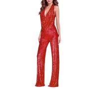 Generisch Mono de mujer Eelegant brillante elegante y brillante con pantalones rectos, mono de noche, rojo, XL