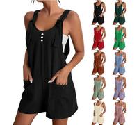 Generisch Mono de mujer elegante de piernas cortas, mono de verano corto elegante, sin mangas, peto de algodón y lino, mono suelto de verano, mono de color sólido, informal, con bolsillos, rojo, M
