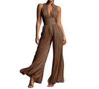Generisch Mono de mujer sin mangas largo con cremallera de cintura alta pierna plisada corte fluido elegante traje de pantalón de pierna ancha suelto elegante festivo para boda, Café 3, M