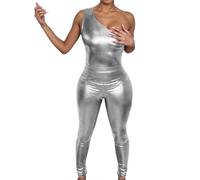 Generisch Mono de piel para mujer, mono con un hombro, corte ajustado, de charol, traje de pantalón para mujer, traje largo para mujer, ropa de dormir erótica, disfraz de club, baile, bar, fiesta