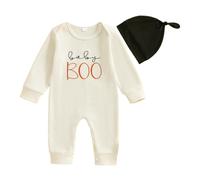Generisch Mono de punto para bebé, de manga larga, con bordado de letras de Halloween, con gorro a juego, para invierno recién nacido, Blanco, 6-12 meses