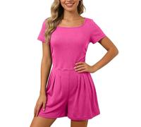 Generisch Mono de punto sin esfuerzo de manga corta con cuello de camisa, pantalones cortos integrados, ligero para salidas informales en la vida cotidiana, Rosa intenso., L