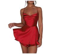 Generisch Mono de satén para mujer, con cuello en cascada, tirantes delgados, elegante, minivestido para ocasiones especiales, rojo, S