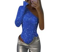 Generisch Mono de un solo hombro con lentejuelas brillantes elegante mono de fiesta para ocasiones especiales seductor body de noche con pedrería corte pierna diseño sin mangas, azul, XL