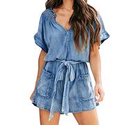 Generisch Mono de verano para mujer, de manga corta, vaquero, monocolor, holgado, para la playa, elegante, de viaje, de una pieza, holgado, con cinturón, de verano, denim, azul, S