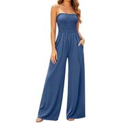 Generisch Mono de verano para mujer, sin mangas, espalda descubierta, pierna ancha, elegante, transpirable, monocolor, clásico, ropa de calle, sin tirantes, ajuste holgado, O azul., L
