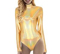 Generisch Mono de yoga para mujer brillante de PVC, cuello alto, manga larga, dorado, XL