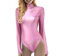 Generisch Mono de yoga para mujer brillante de PVC, cuello alto, manga larga, Rosa., L