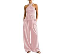 Generisch Mono elegante para mujer, pantalones informales, mono, monocolor, para mujer, mono cruzado con cuello halter de pierna ancha, sin mangas, mono de verano, O rojo2, M
