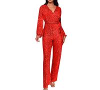 Generisch Mono largo de manga larga para mujer, traje de pantalón holgado, transpirable, pantalones de pierna ancha, mono estampado con lentejuelas largas, traje de pantalón playsuit con cinturón, O