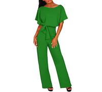 Generisch Mono monocolor de manga corta con cordón en la cintura para mujer, mono de ocio que realza la figura, con cuello en V, cintura elástica, versátil y combinable para trajes de verano, verde