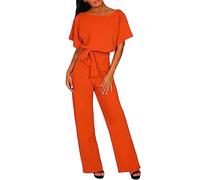 Generisch Mono monocolor de manga corta con cordón en la cintura para mujer, mono de ocio que realza la figura, con cuello en V, cintura elástica, versátil y combinable para trajes de verano, naranja