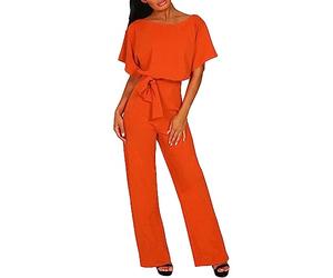Generisch Mono monocolor de manga corta con cordón en la cintura para mujer, mono de ocio que realza la figura, con cuello en V, cintura elástica, versátil y combinable para trajes de verano, naranja