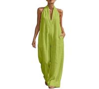 Generisch Mono Mujer Lino Largo - Mono Cuello Halter Playsuit Sin Mangas Pantalones Trajes de Cuello en V Mameluco Pierna Ancha Una Una Una Pieza Holgado Mono De Verano Elegante Traje De Lino Para El