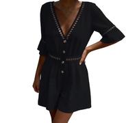 Generisch Mono Mujer Pierna Ancha - Playsuit V-Cuello Corto Hollow Out Romper Traje de Pantalón Ligero y Ventilado Mono de Una Pieza Mono de Color Sólido Oversize Bagy Rompers Para Playa Vacaciones