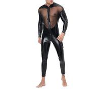 Generisch Mono para hombre con aceite, brillante, de malla, retazos, con cremallera, body de malla, color liso, ropa de dormir de moda, corte ajustado, para ropa de club, Negro , XXL
