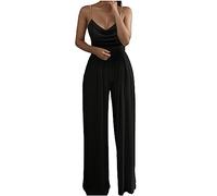 Generisch Mono para mujer con perlas, cuello ancho, pantalones de top en diseño sólido para un aspecto elegante y casual, Negro , XL