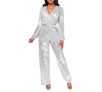 Generisch Mono para mujer con purpurina, elegante, manga larga, cuello de pico, mono largo, con lentejuelas, traje de pantalón, para negocios, ocio, peto, carnaval, fiesta, disfraz, O blanco., S