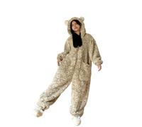 Generisch Mono para mujer de forro polar de peluche con capucha de orejas de animal, mono suave en estampado de leopardo, Style_h01 Blanco, L