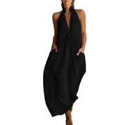 Generisch Mono para mujer de lino - Playsuit de pierna ancha, traje de pantalón profundo con cuello en V, sin hombros, mono de verano de muselina de una pieza, talla grande, holgado, traje de cuerpo