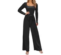 Generisch Mono para mujer, elegante, de manga larga, con cinturón, entallado, pierna ancha, traje de pantalón moderno, de una pieza, tallas grandes, traje de ocio, fiesta, festival, Negro , L