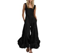 Generisch Mono para mujer, elegante, festivo, con volantes, pierna ancha, traje de pantalón acampanado, traje de una pieza, monocolor, traje de cuerpo entero, elegante, con bolsillo, Negro , S