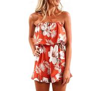 Generisch Mono para mujer, estilo vintage, estampado de flores, con hombros descubiertos, sin mangas, elegante, para fiestas, bodas, vacaciones, playa, monos de una pieza, Rojo sandía, S