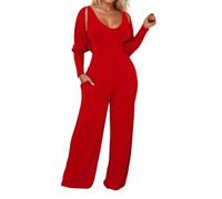 Generisch Mono para mujer, largo ajustado, yoga, cintura alta, mono de pierna ancha, chándales de punto, ropa deportiva, traje de pantalón, elegante, body de manga larga, rojo, M